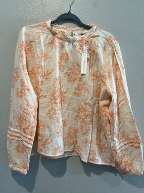 Olivaceous Cream Blouse with Orange Floral Print and Pintuck Sleeve Detail